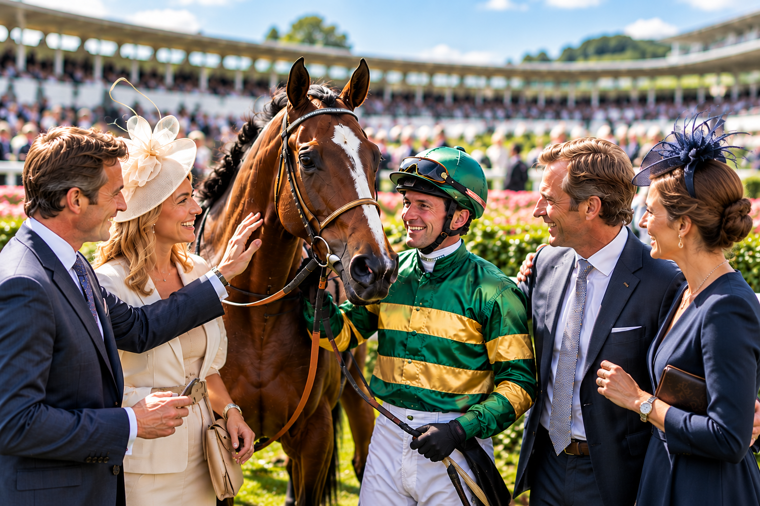 Racehorse owners meeting their horse and jockey at the racecourse